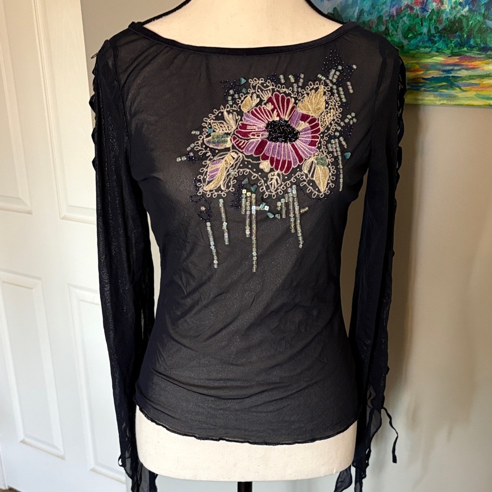 Express Black Sheer Long-Sleeve Top with Embroidered Floral Accent